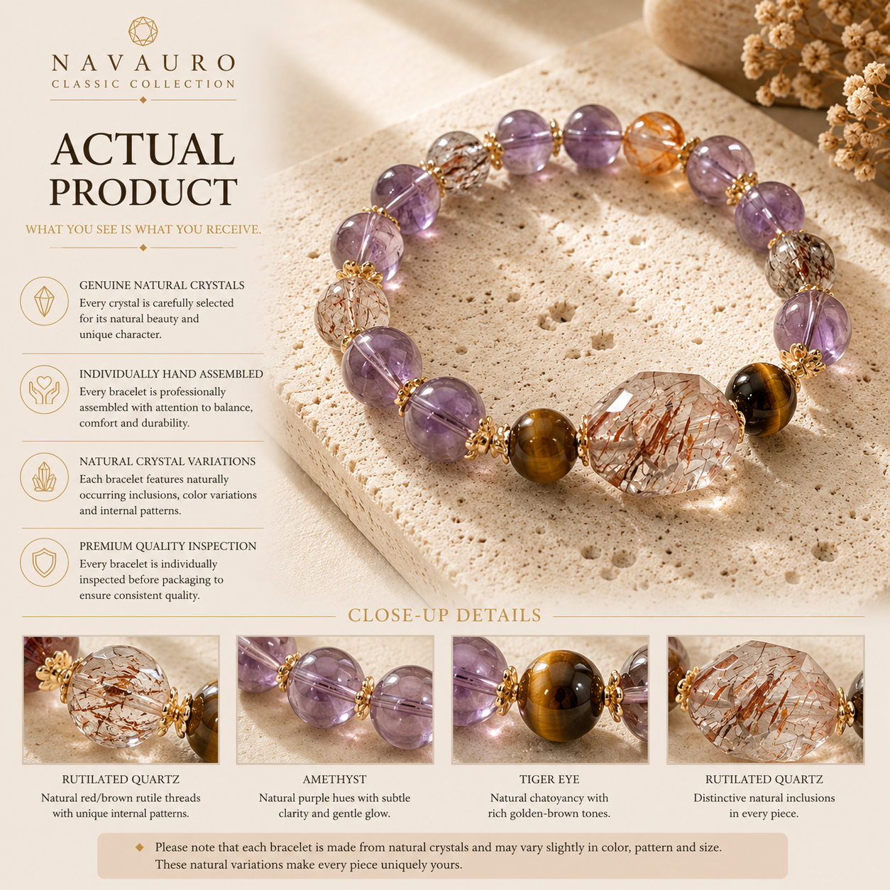 Natural Amethyst Bracelet with Black Gold Super Seven & Tiger Eye