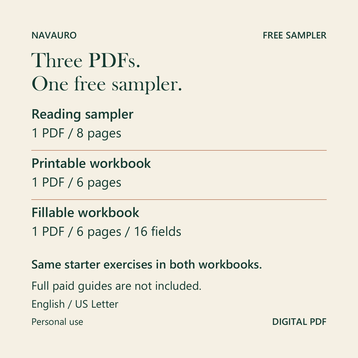 NAVAURO Personal Growth Sampler - Three PDFs. One free sampler.. Try a reading and its starter.
