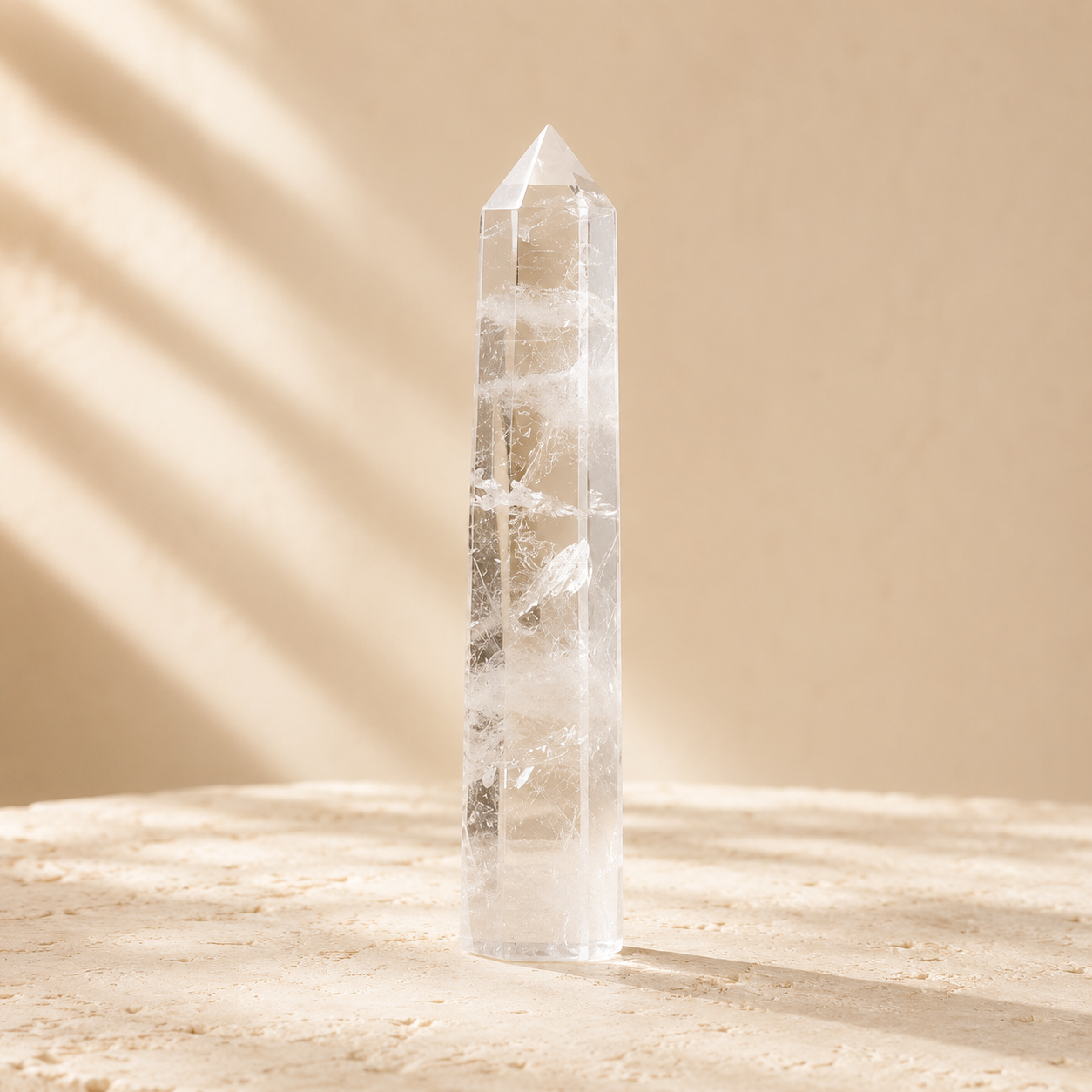 Natural clear quartz point tower on warm ivory limestone