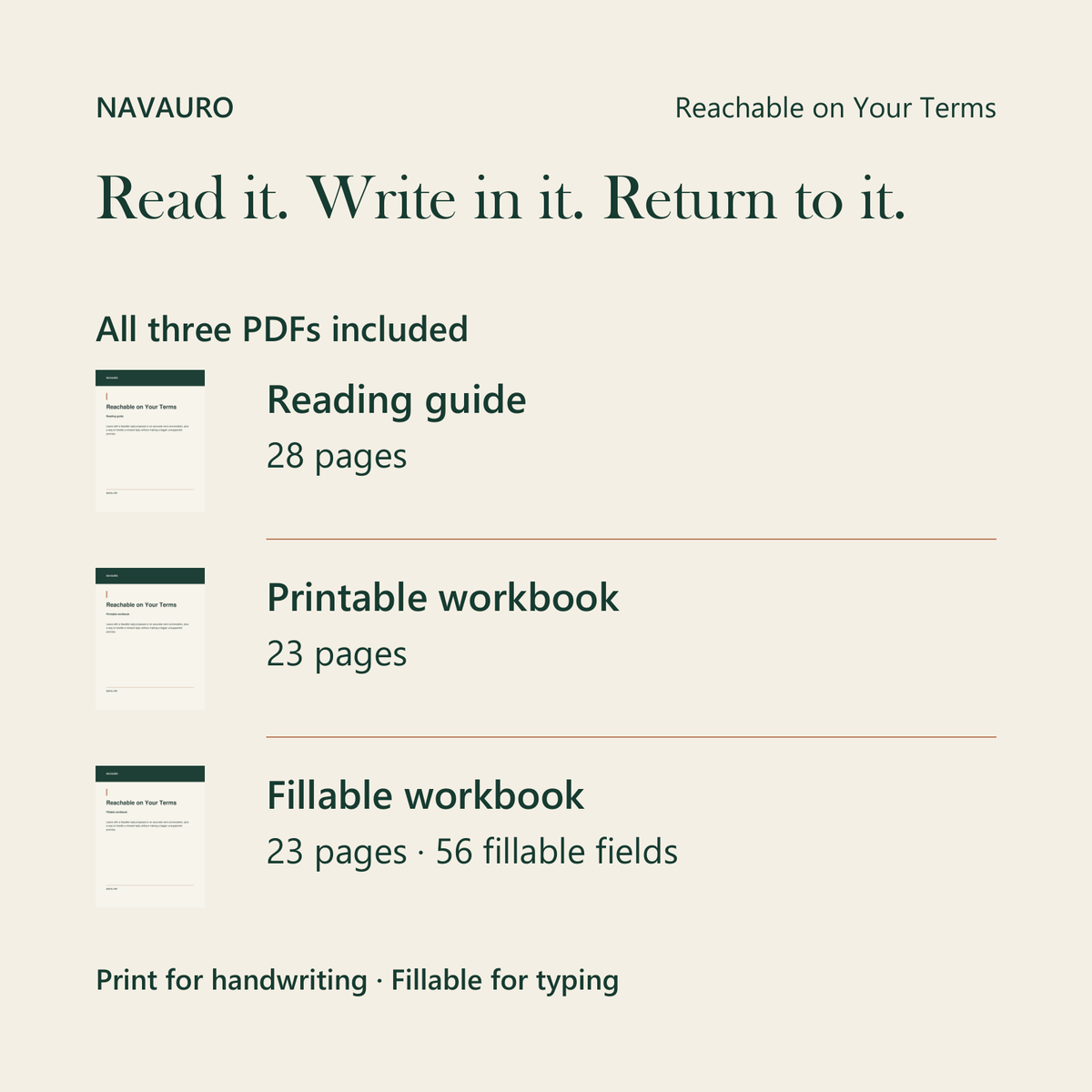NAVAURO Reachable on Your Terms: all three PDFs included; 28-page reading guide, 23-page printable workbook and 23-page fillable workbook with 56 fields.