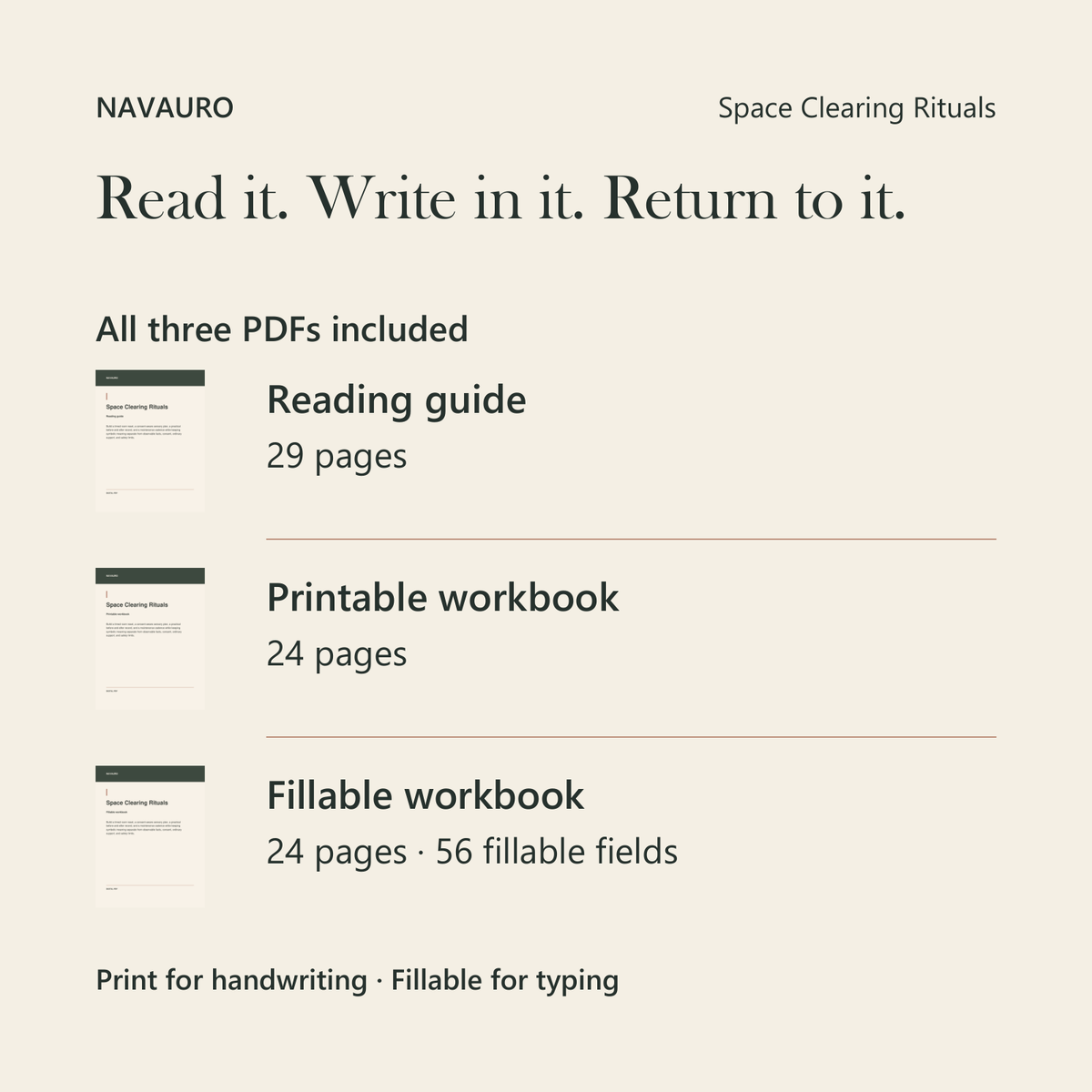 NAVAURO Space Clearing Rituals: all three PDFs included; 29-page reading guide, 24-page printable workbook and 24-page fillable workbook with 56 fields.