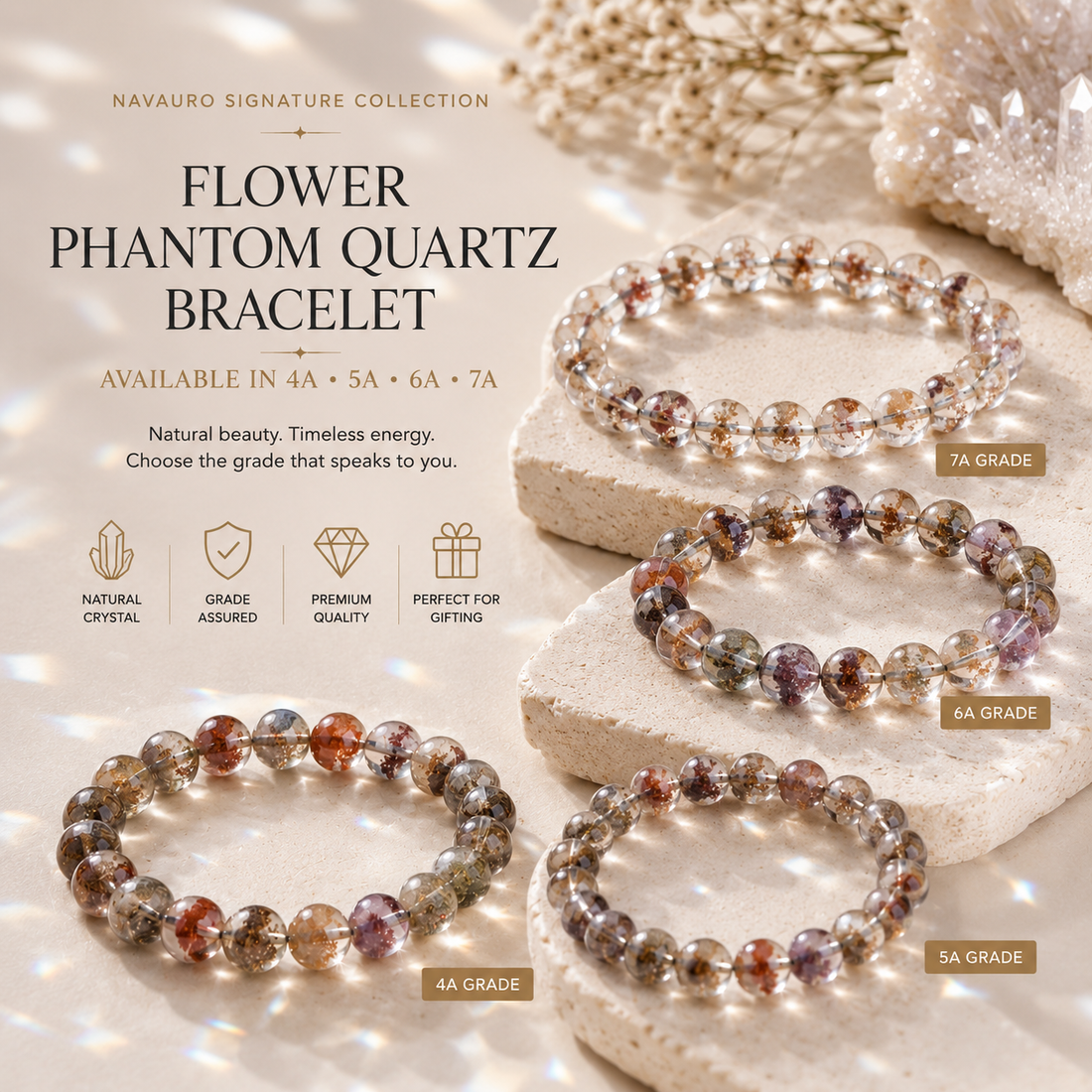 Natural Flower Phantom Quartz bracelet with layered mineral inclusions