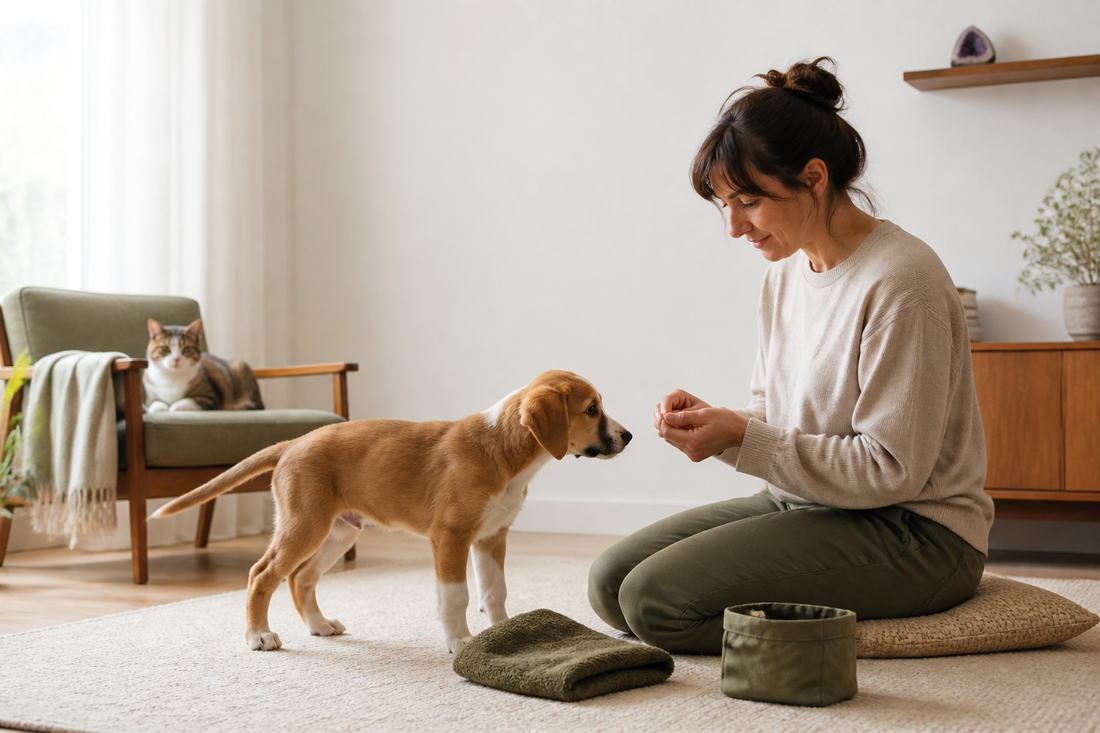 A person sitting calmly with a young dog during a gentle at-home routine.