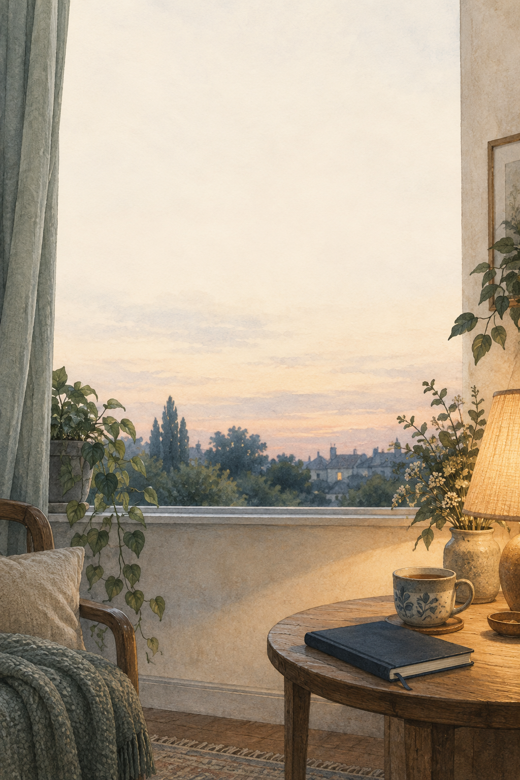 Illustration of a lamplit room and an open window at dusk.