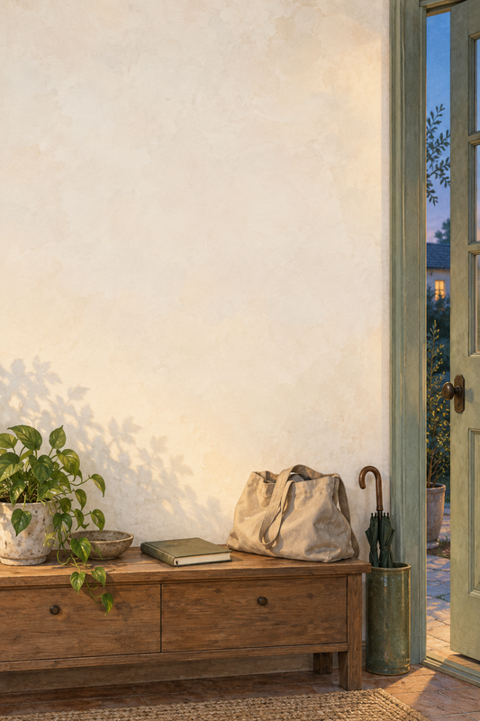 Illustration of a home entryway with a bag, closed notebook, and open door at dusk.