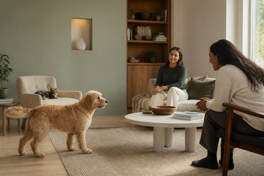 A dog choosing to approach a seated visitor in a calm shared home.