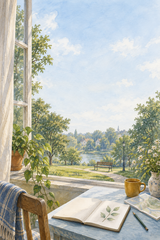 Illustration of an open window looking onto a green garden and a bench.