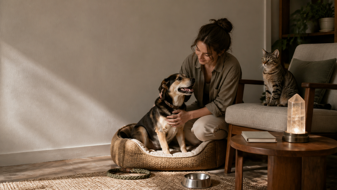 A woman with a dog and cat in a warm shared home beside a crystal home object
