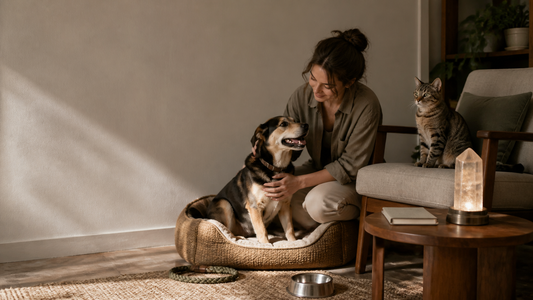 A woman with a dog and cat in a warm shared home beside a crystal home object