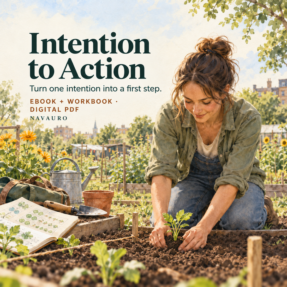 NAVAURO Intention to Action — illustrated product-specific scene for a digital ebook and workbook; illustrative props are not shipped.