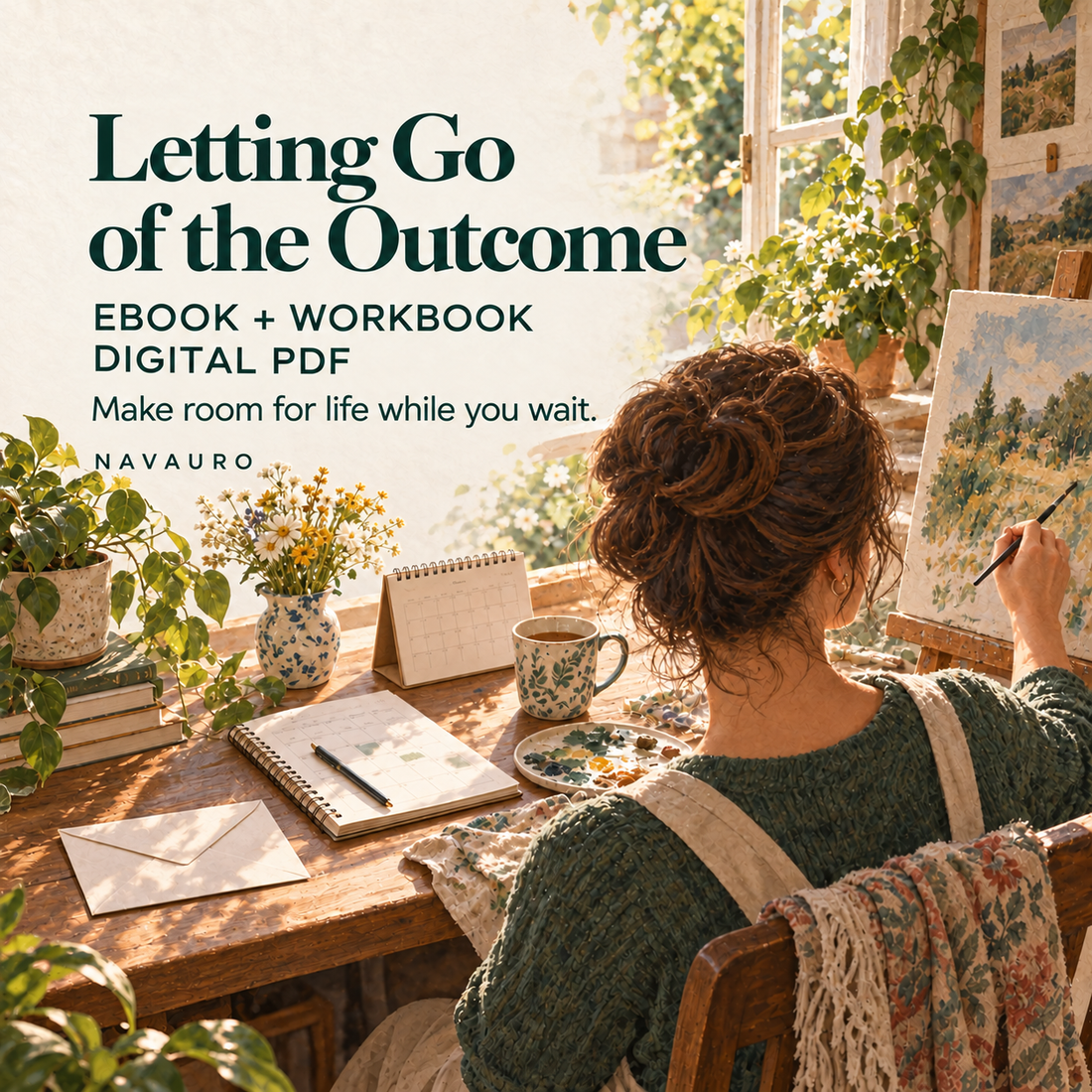 NAVAURO Letting Go of the Outcome digital ebook and workbook; illustrative lifestyle scene, no physical item included.