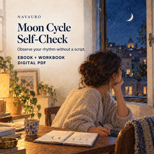 NAVAURO Moon Cycle Self-Check — illustrated product-specific scene for a digital ebook and workbook; illustrative props are not shipped.