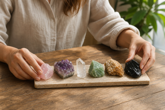 A woman comparing six natural raw crystal specimens in warm daylight