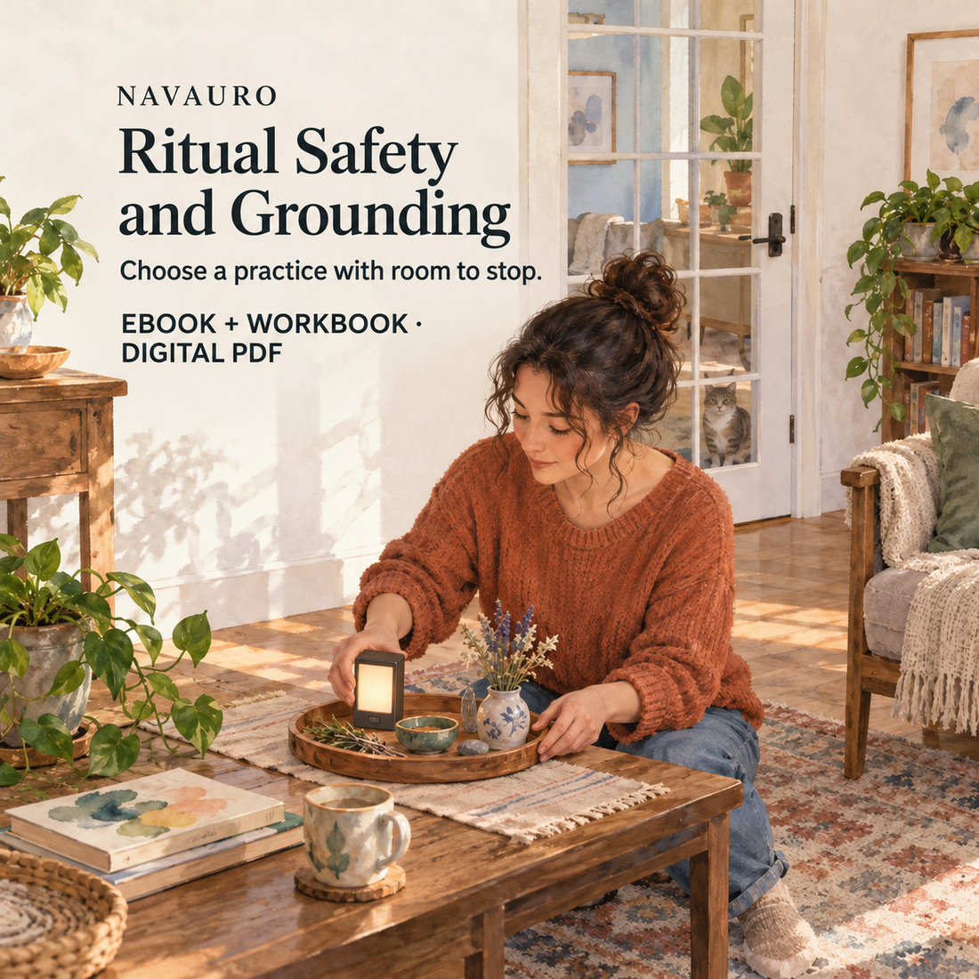 NAVAURO Ritual Safety and Grounding digital ebook and workbook; illustrative lifestyle scene, no physical item included.