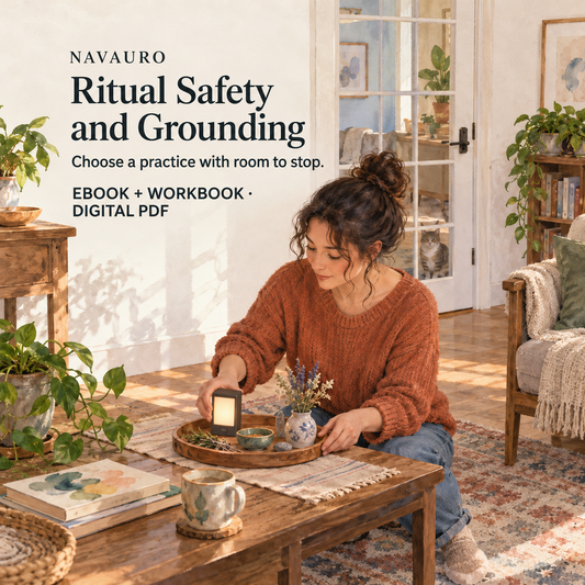 NAVAURO Ritual Safety and Grounding digital ebook and workbook; illustrative lifestyle scene, no physical item included.