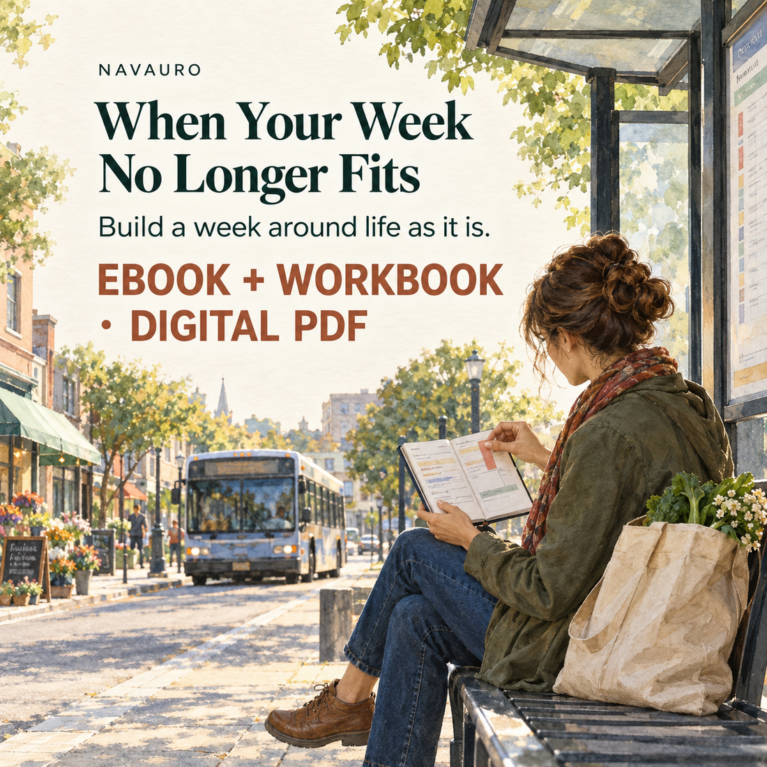 NAVAURO When Your Week No Longer Fits — illustrated product-specific scene for a digital ebook and workbook; illustrative props are not shipped.