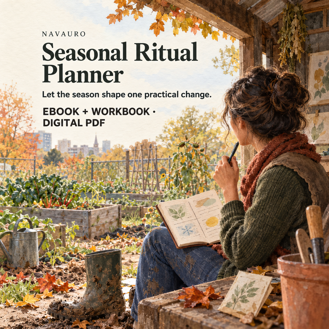 NAVAURO Seasonal Ritual Planner digital ebook and workbook; illustrative lifestyle scene, no physical item included.