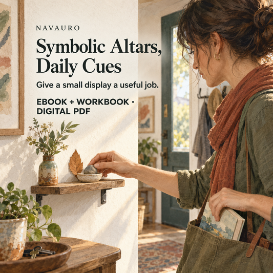 NAVAURO Symbolic Altars and Daily Cues digital ebook and workbook; illustrative lifestyle scene, no physical item included.