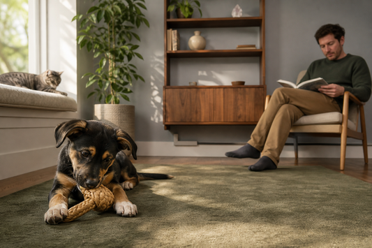 A puppy exploring a tidy living room with an appropriate chew nearby.