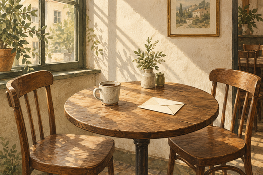 Two empty wooden chairs at an oak cafe table with a cream envelope and cup, in warm sunlight. AI-generated editorial illustration.