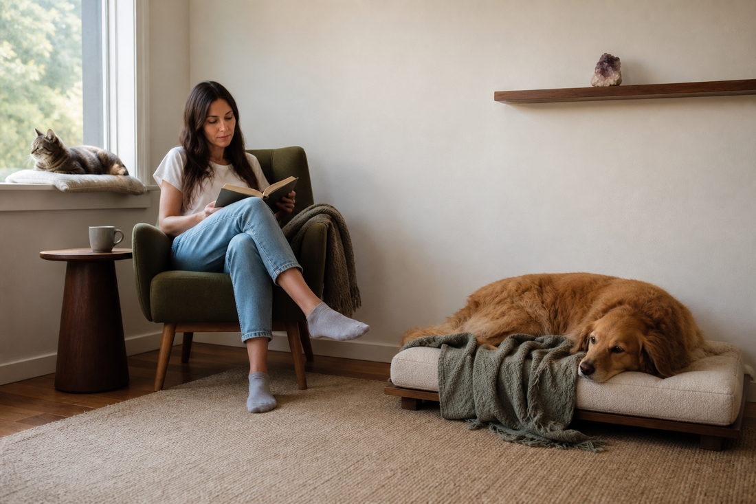 A dog resting in a quiet corner while a person and cat share the room.