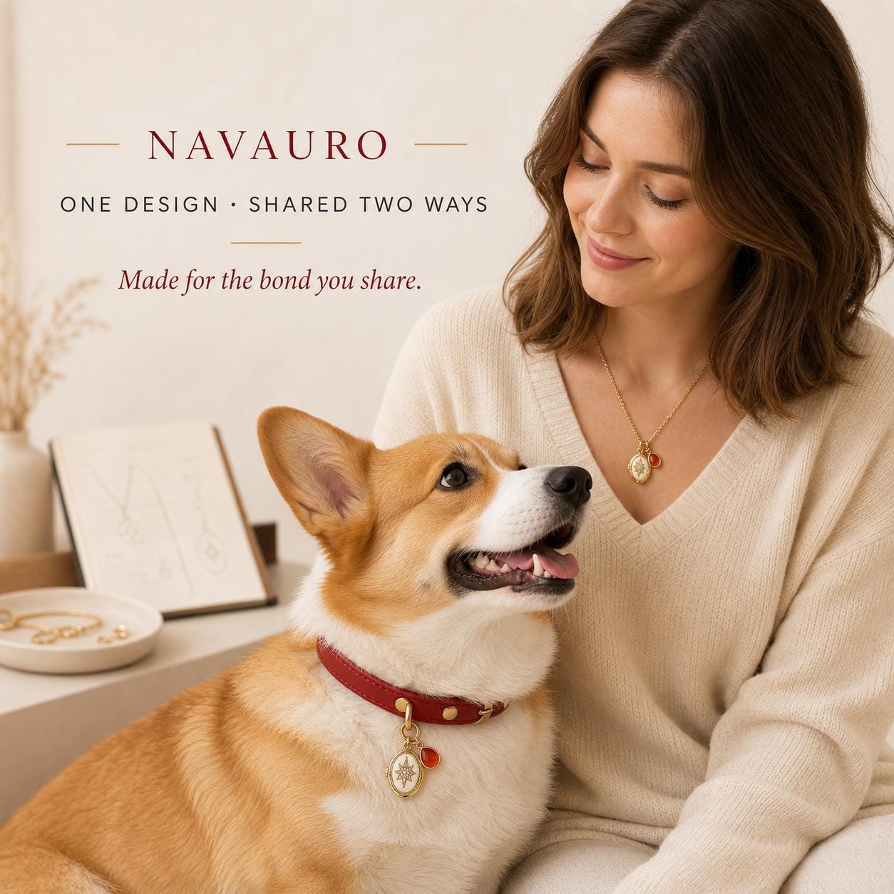 NAVAURO matching pet collar and owner locket set in the brand’s Etsy listing style