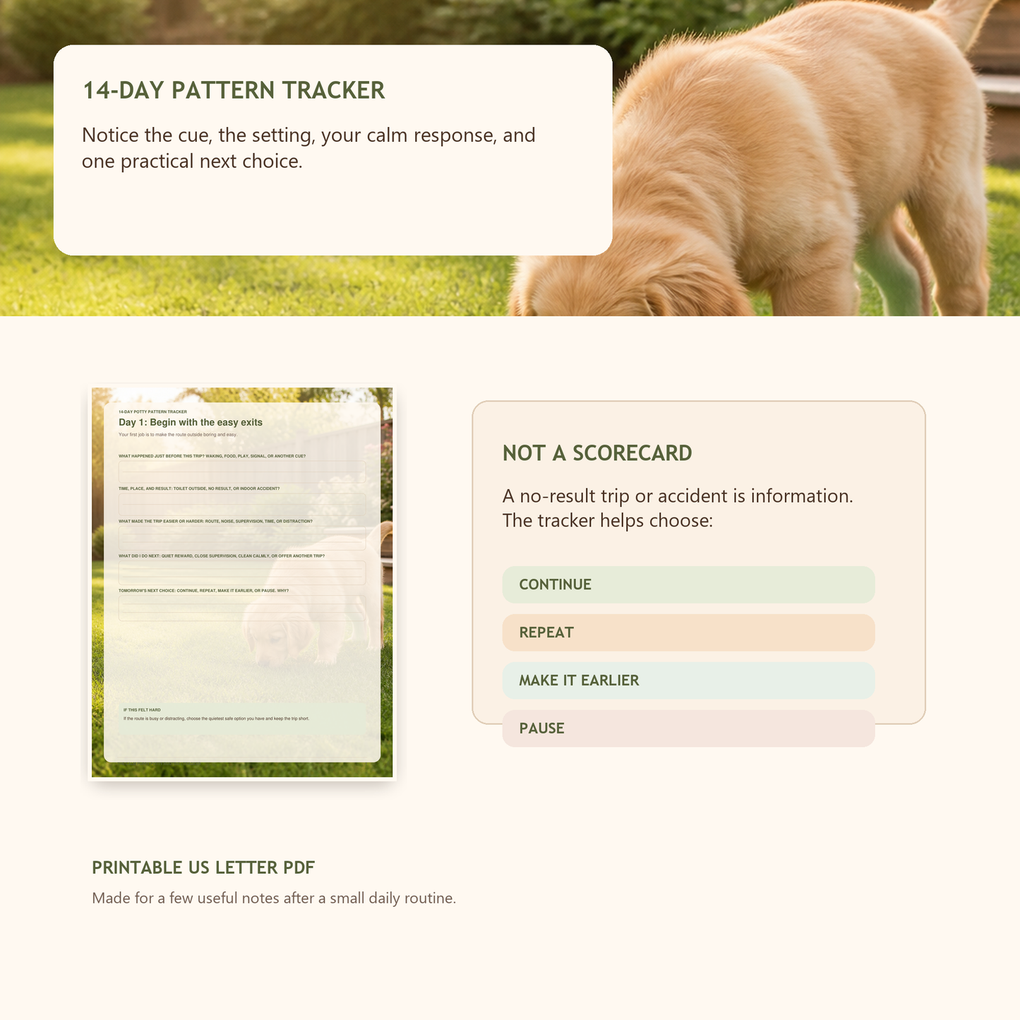 Printable 14-day puppy potty pattern tracker preview