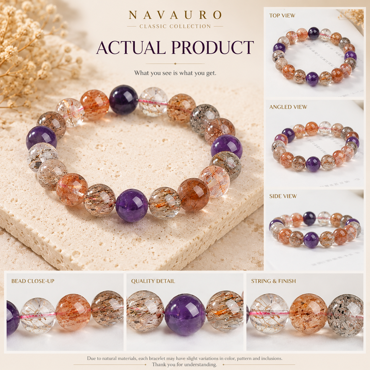 Natural Super Seven Crystal Bracelet with Certificate – 8–12 mm