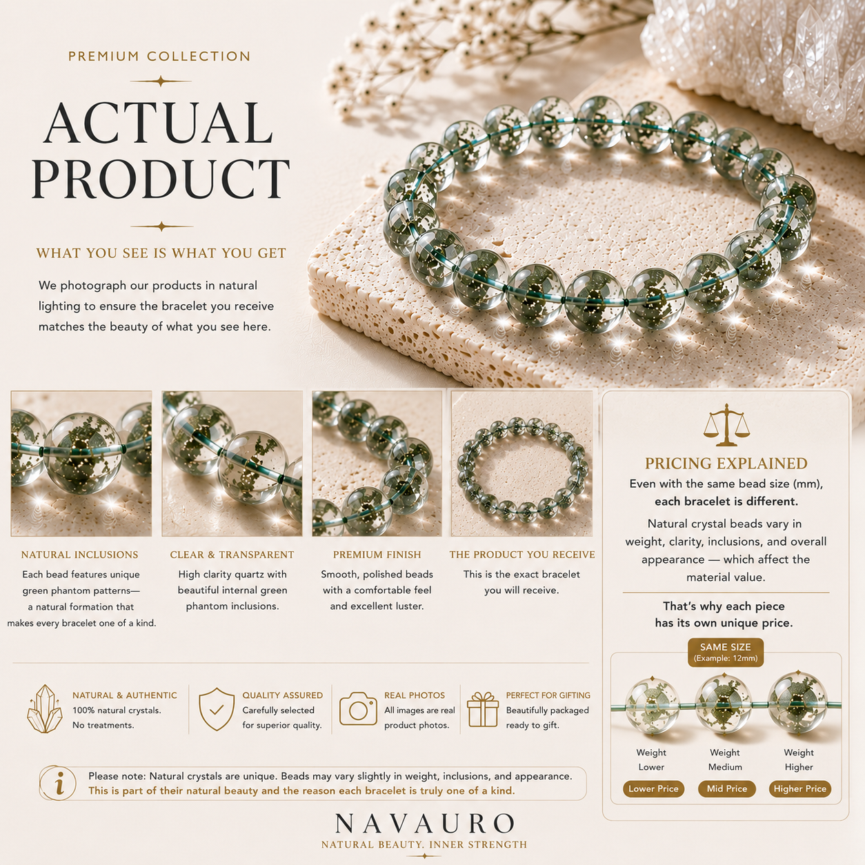 Transparent Green Phantom Quartz Bracelet | Premium Natural Crystal | NAVAURO