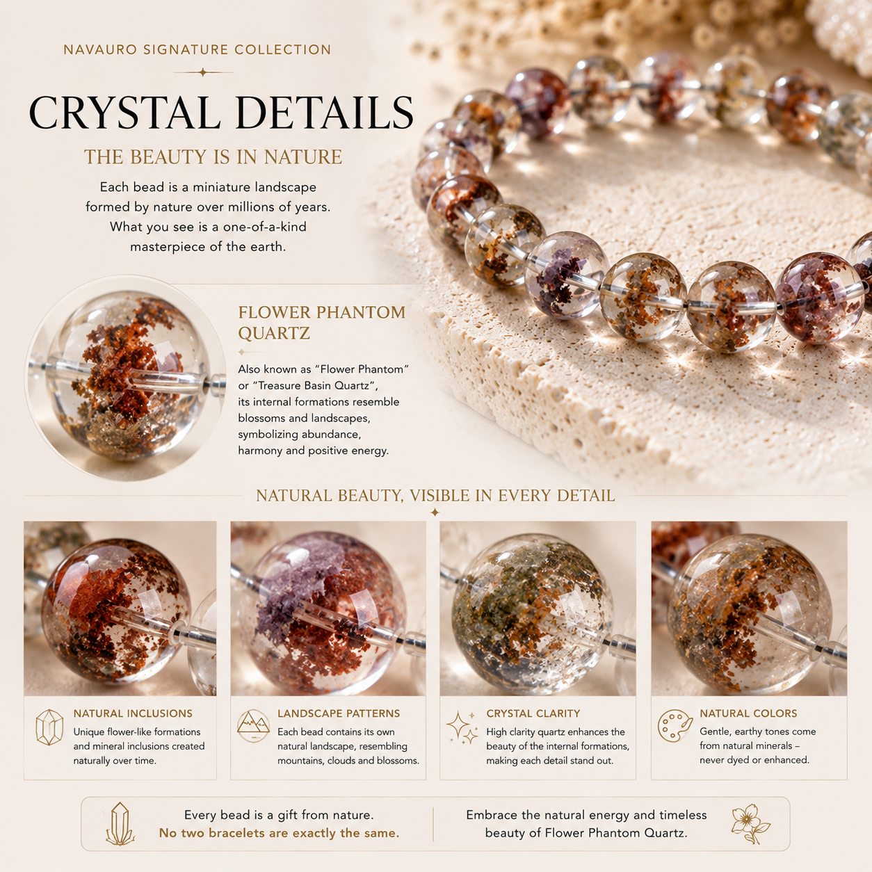 Flower Phantom Quartz Bracelet | 4A–7A Grade Natural Crystal | NAVAURO Signature Collection