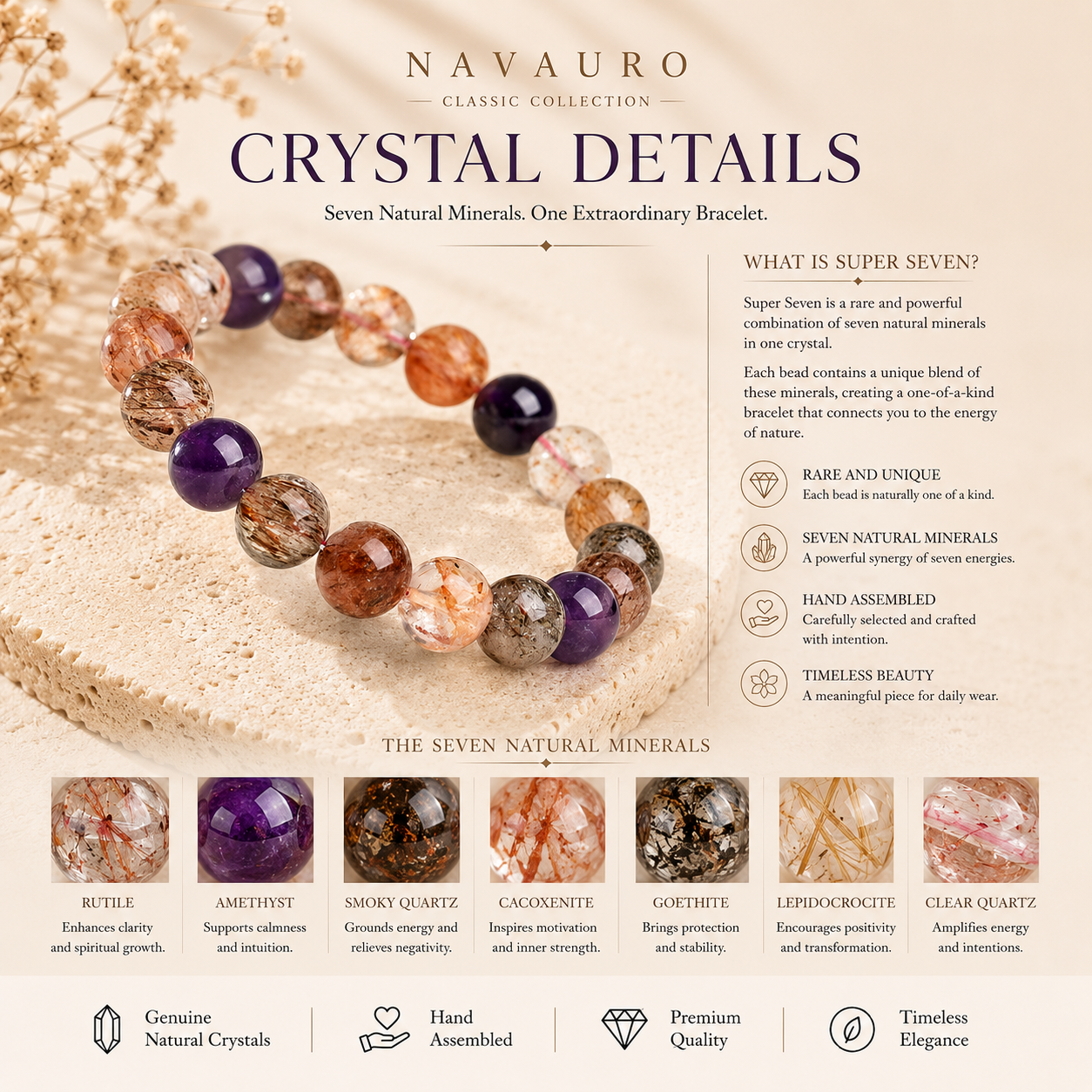 Natural Super Seven Crystal Bracelet with Certificate – 8–12 mm