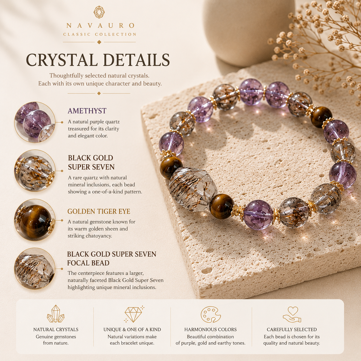 Natural Amethyst Bracelet with Black Gold Super Seven & Tiger Eye