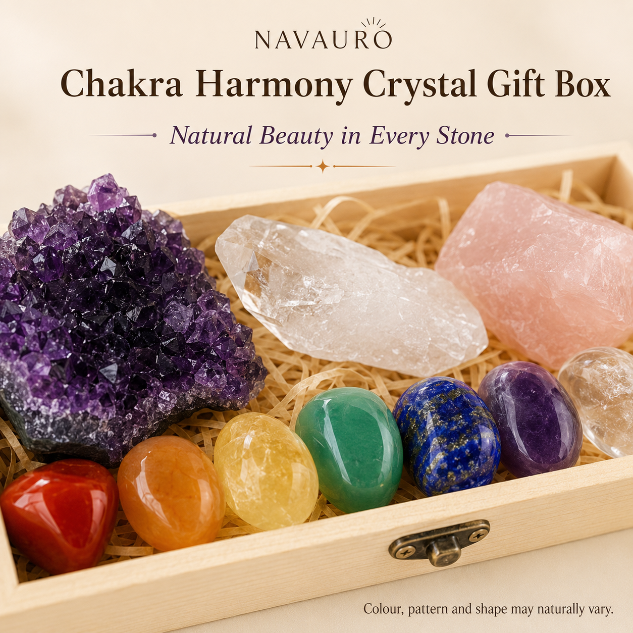 Close-up of natural crystals in wooden box