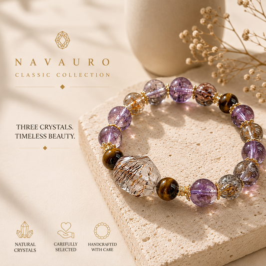 Natural Amethyst Bracelet with Black Gold Super Seven & Tiger Eye