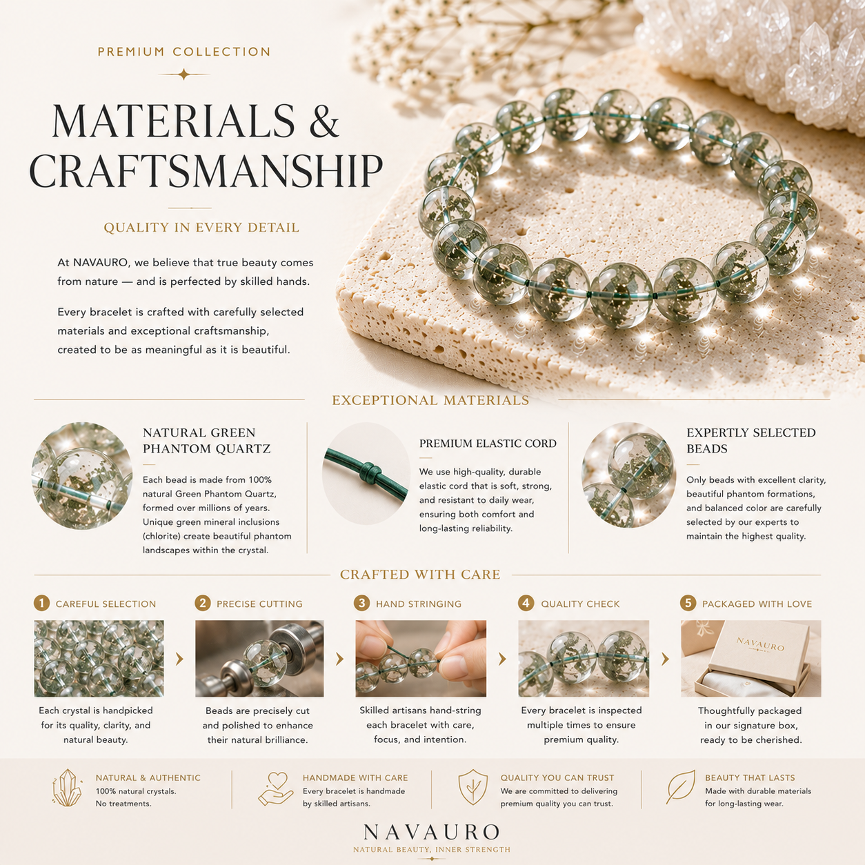 Transparent Green Phantom Quartz Bracelet | Premium Natural Crystal | NAVAURO