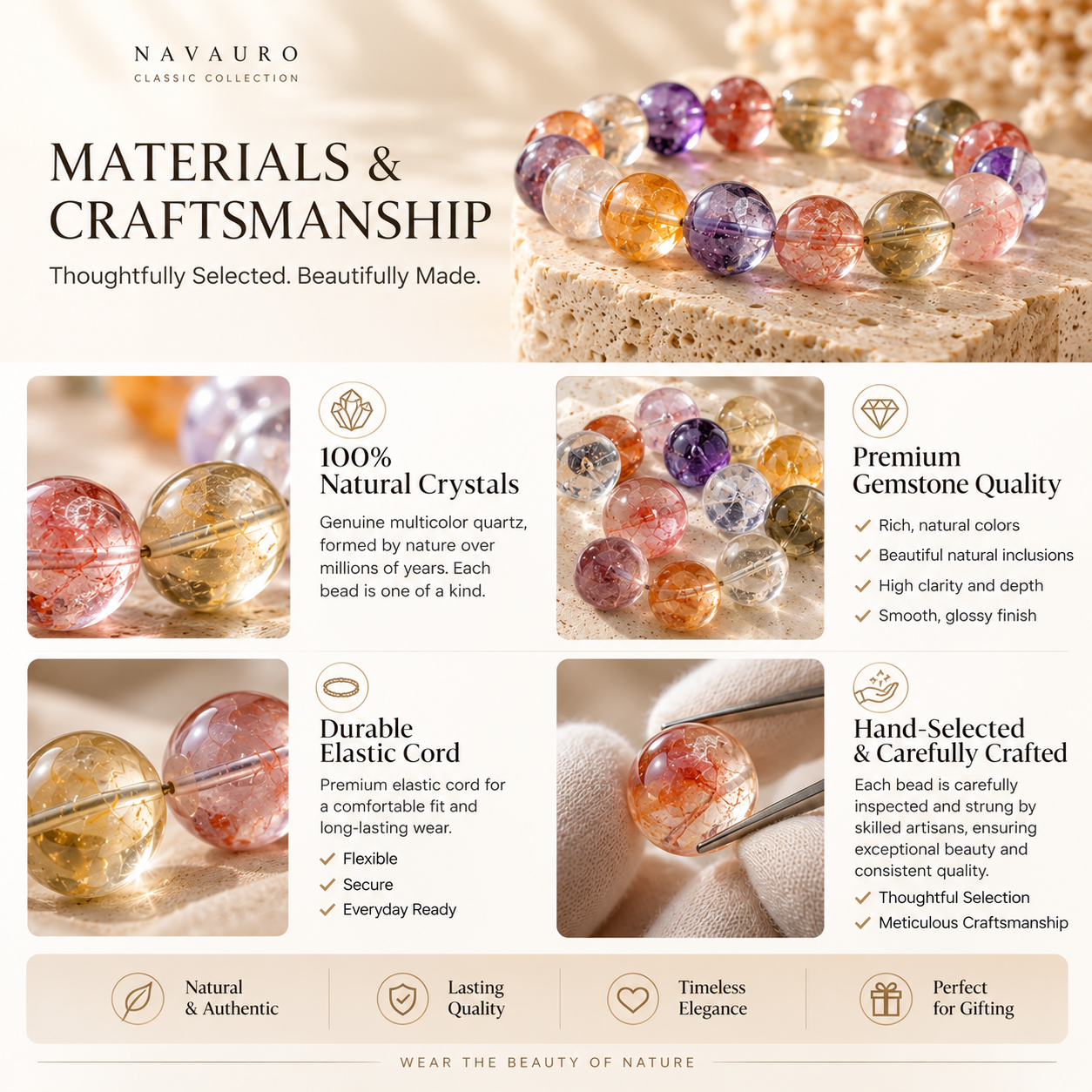 Natural Multicolor Quartz Bracelet | Genuine Crystal Beaded Bracelet