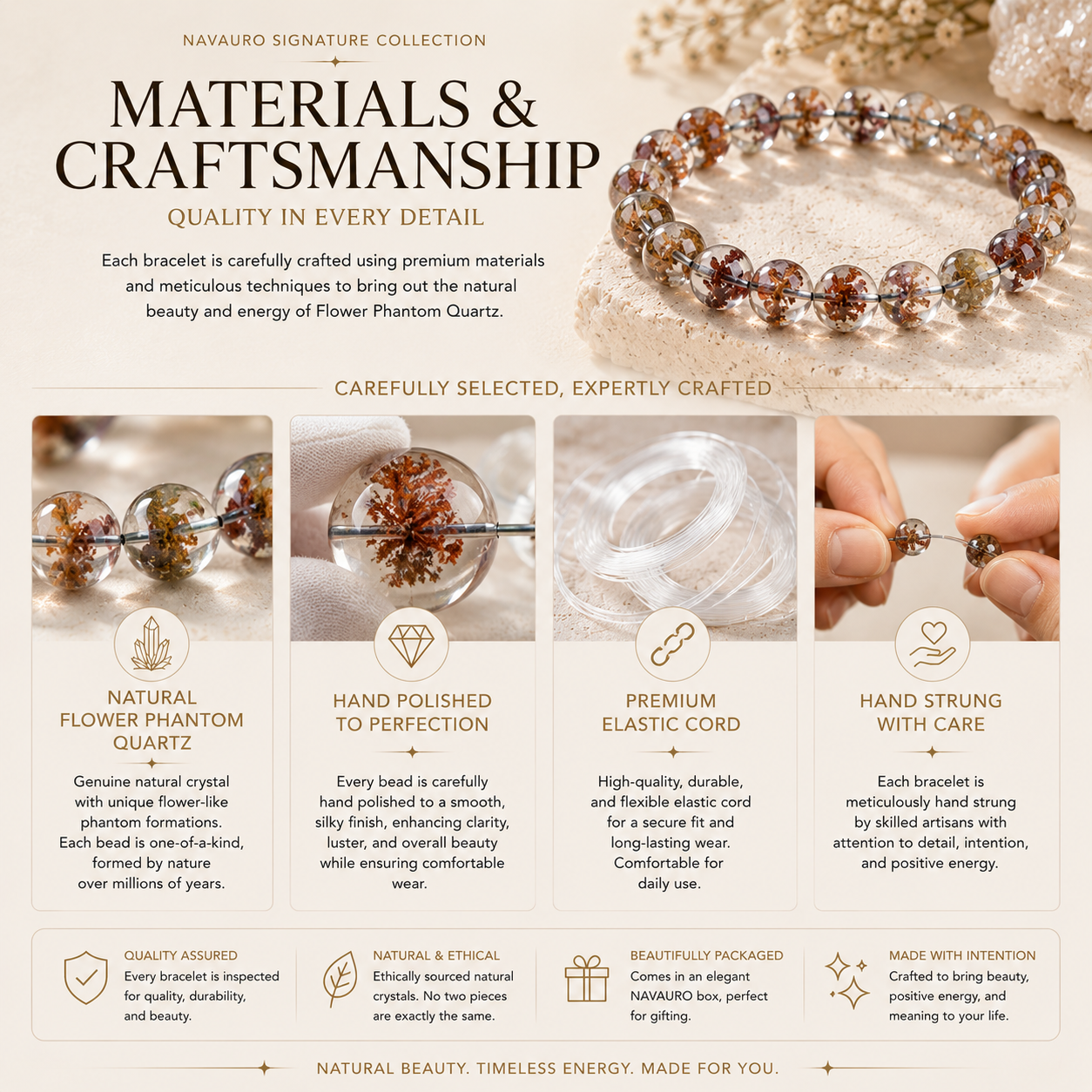 Flower Phantom Quartz Bracelet | 4A–7A Grade Natural Crystal | NAVAURO Signature Collection
