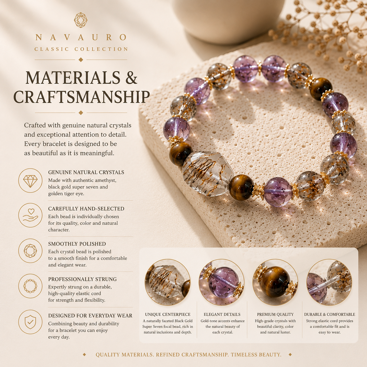 Natural Amethyst Bracelet with Black Gold Super Seven & Tiger Eye