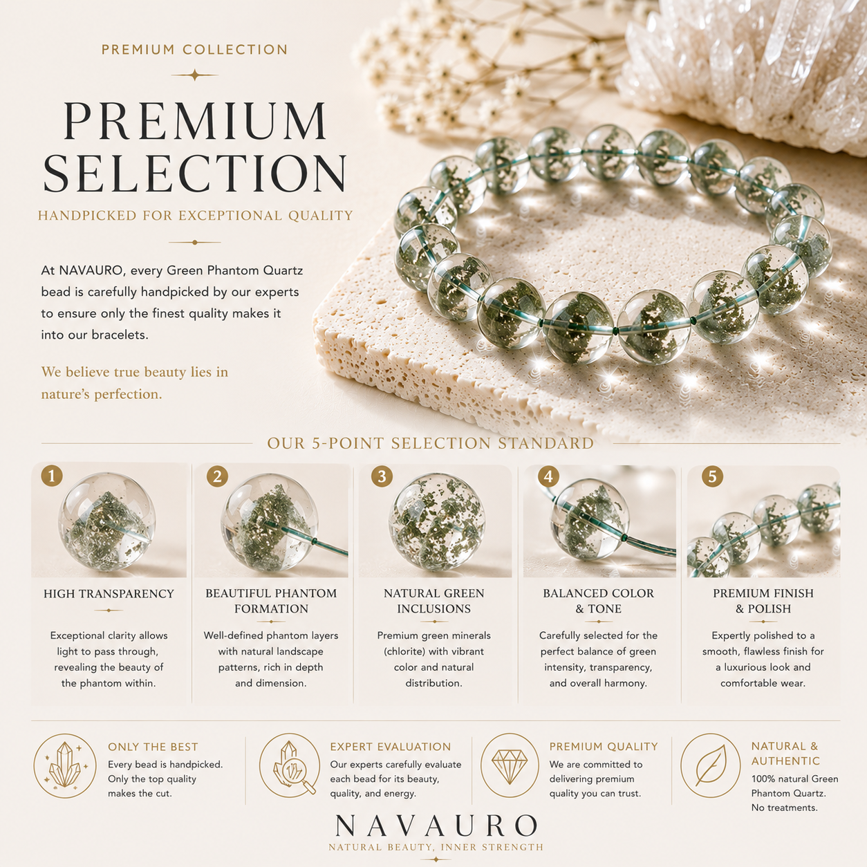 Transparent Green Phantom Quartz Bracelet | Premium Natural Crystal | NAVAURO