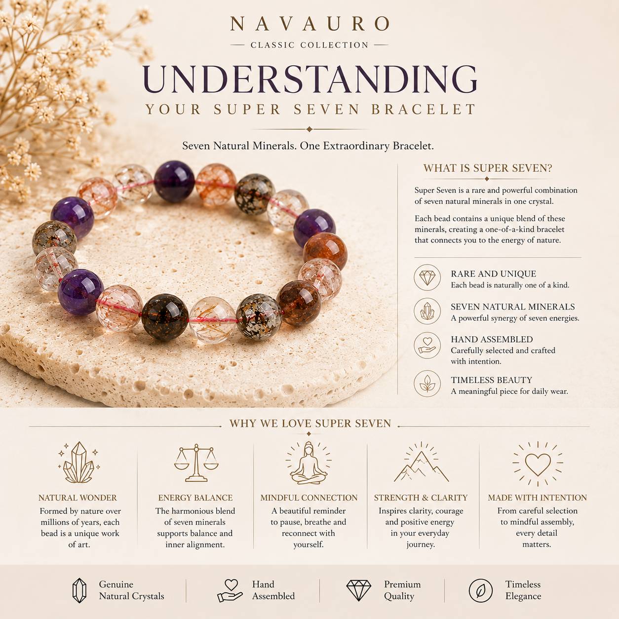 Natural Super Seven Crystal Bracelet with Certificate – 8–12 mm