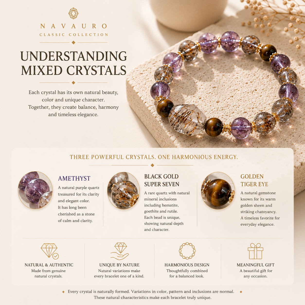 Natural Amethyst Bracelet with Black Gold Super Seven & Tiger Eye