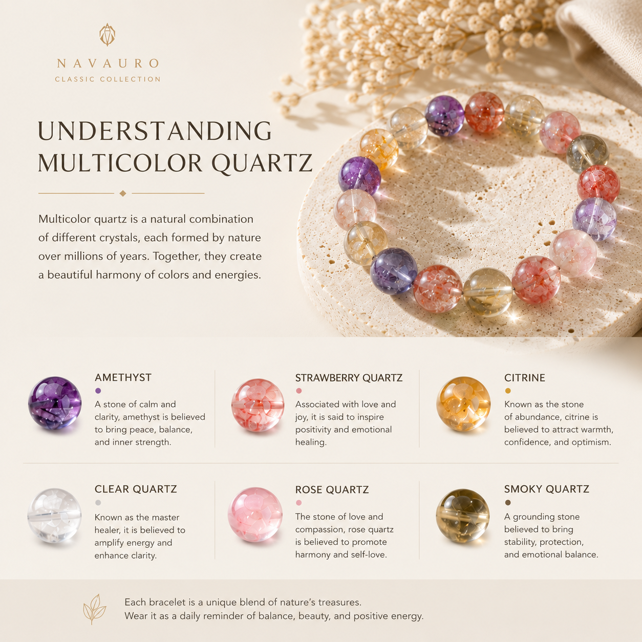 Natural Multicolor Quartz Bracelet | Genuine Crystal Beaded Bracelet