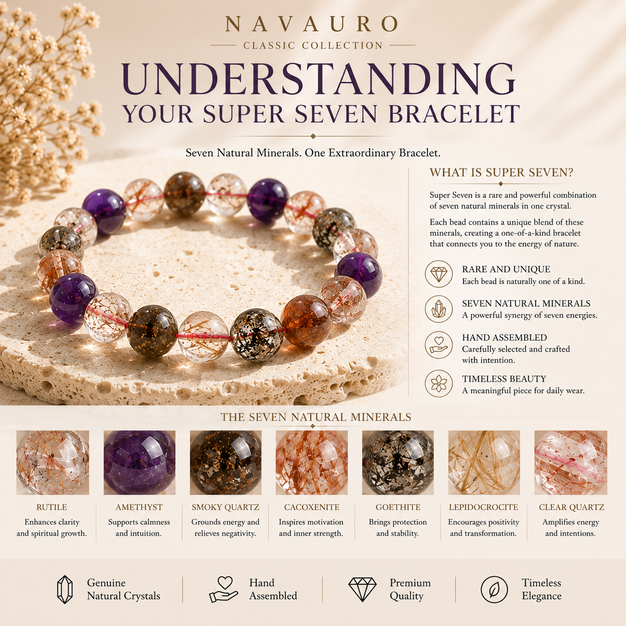 Natural Super Seven Crystal Bracelet with Certificate – 8–12 mm