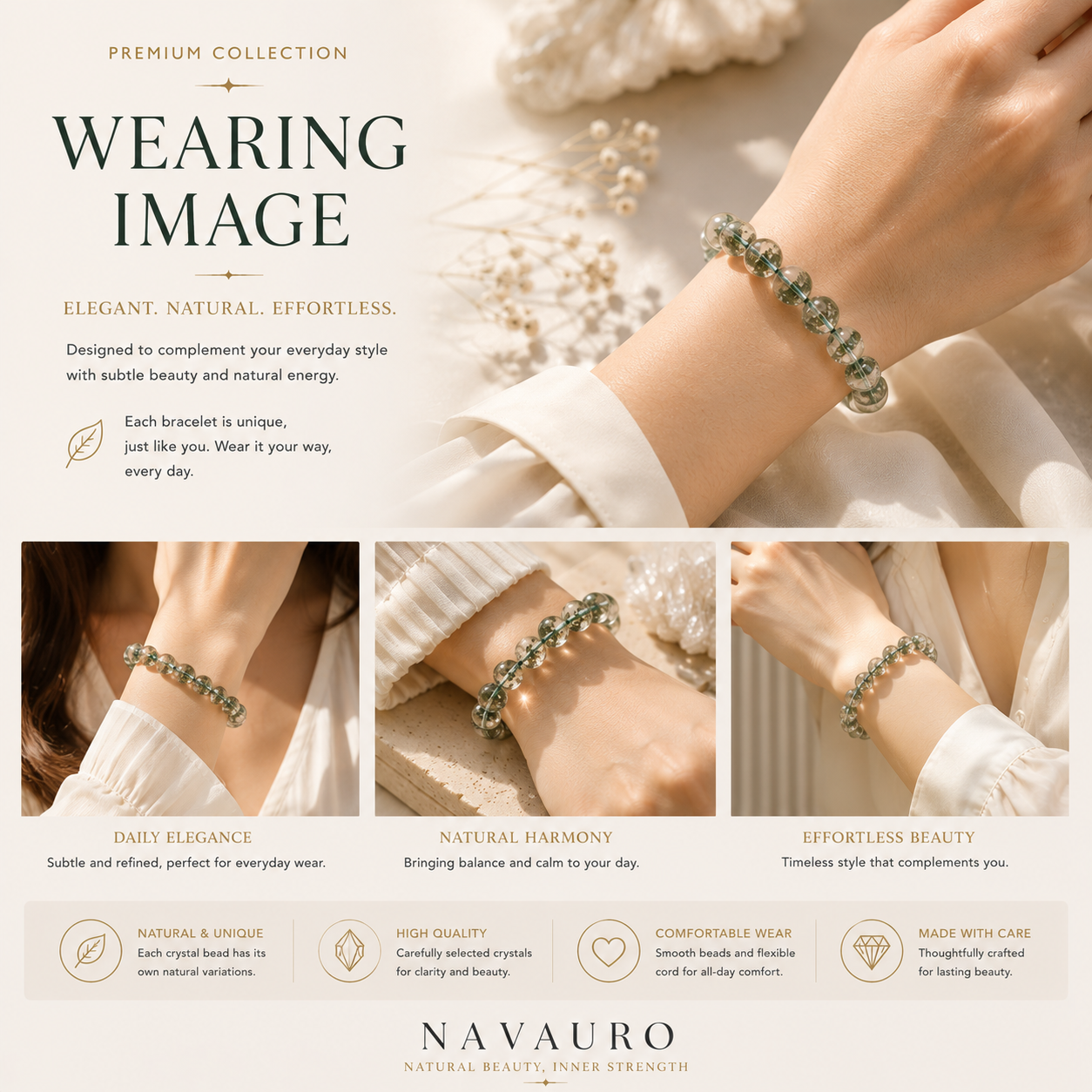 Transparent Green Phantom Quartz Bracelet | Premium Natural Crystal | NAVAURO