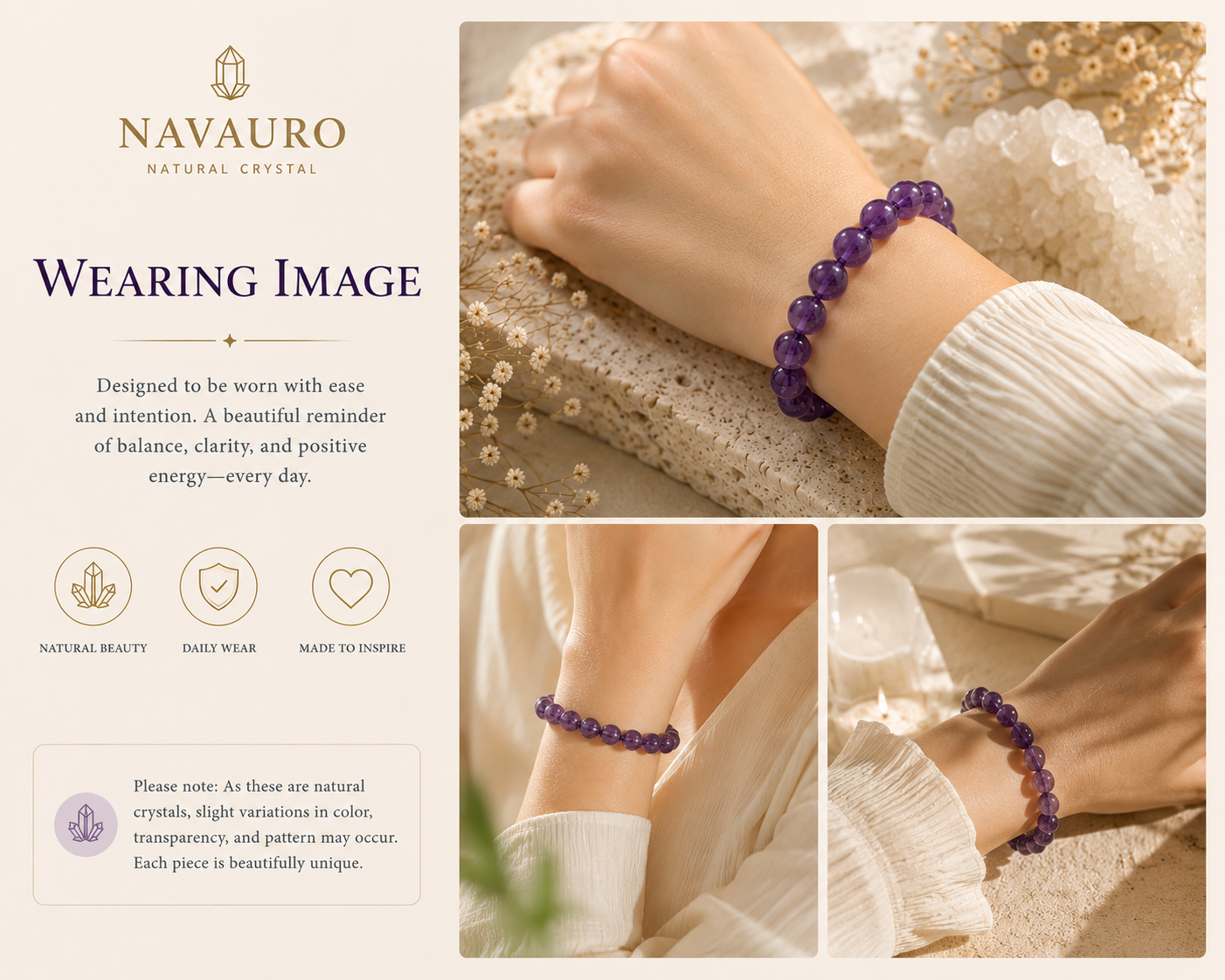 Natural Amethyst Crystal Bracelet – worn on the wrist