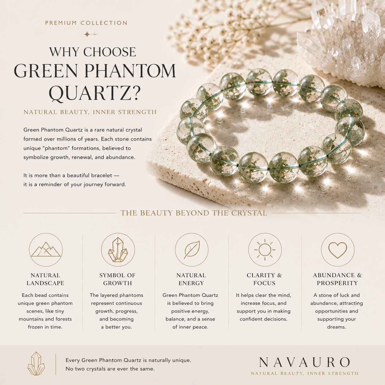 Transparent Green Phantom Quartz Bracelet | Premium Natural Crystal | NAVAURO