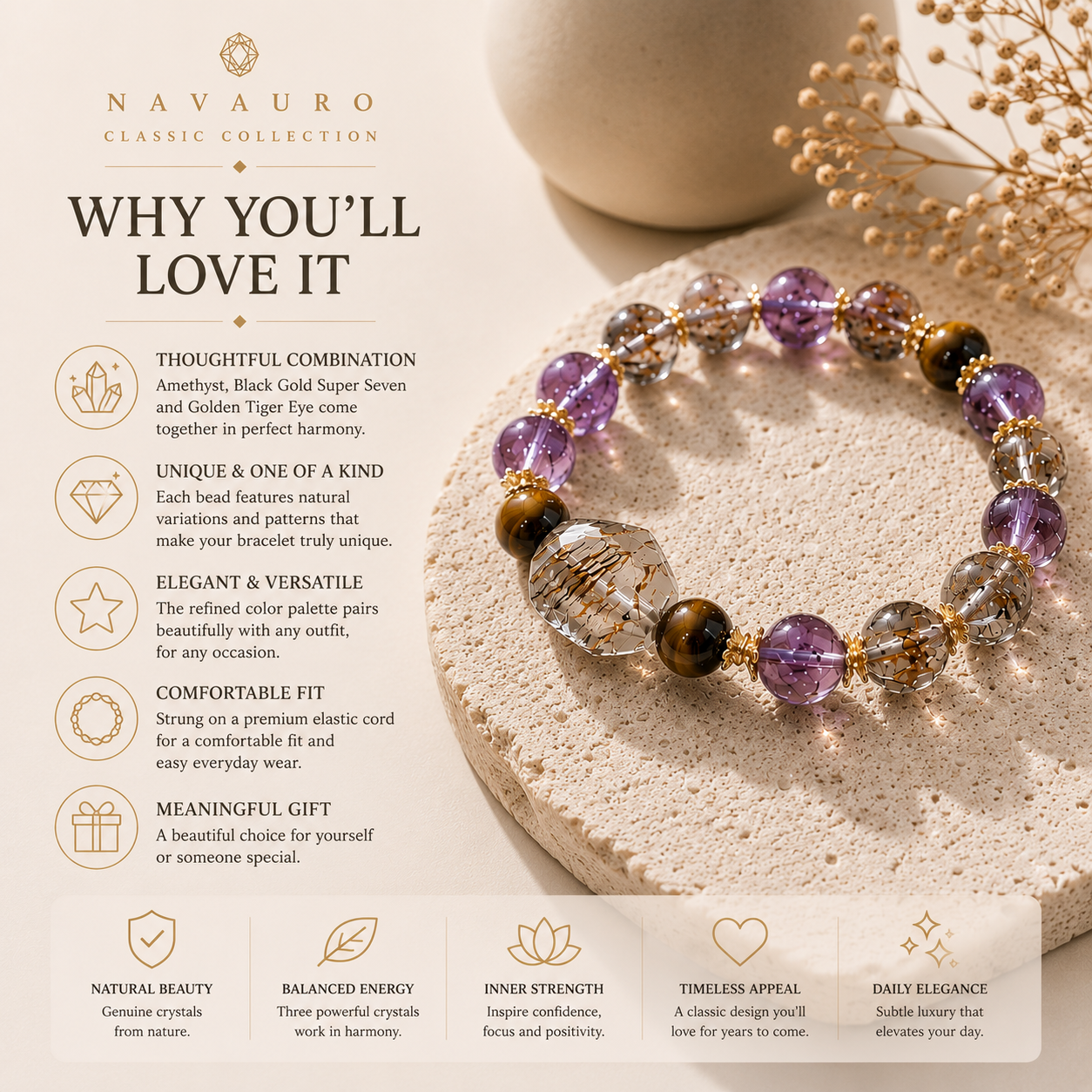 Natural Amethyst Bracelet with Black Gold Super Seven & Tiger Eye