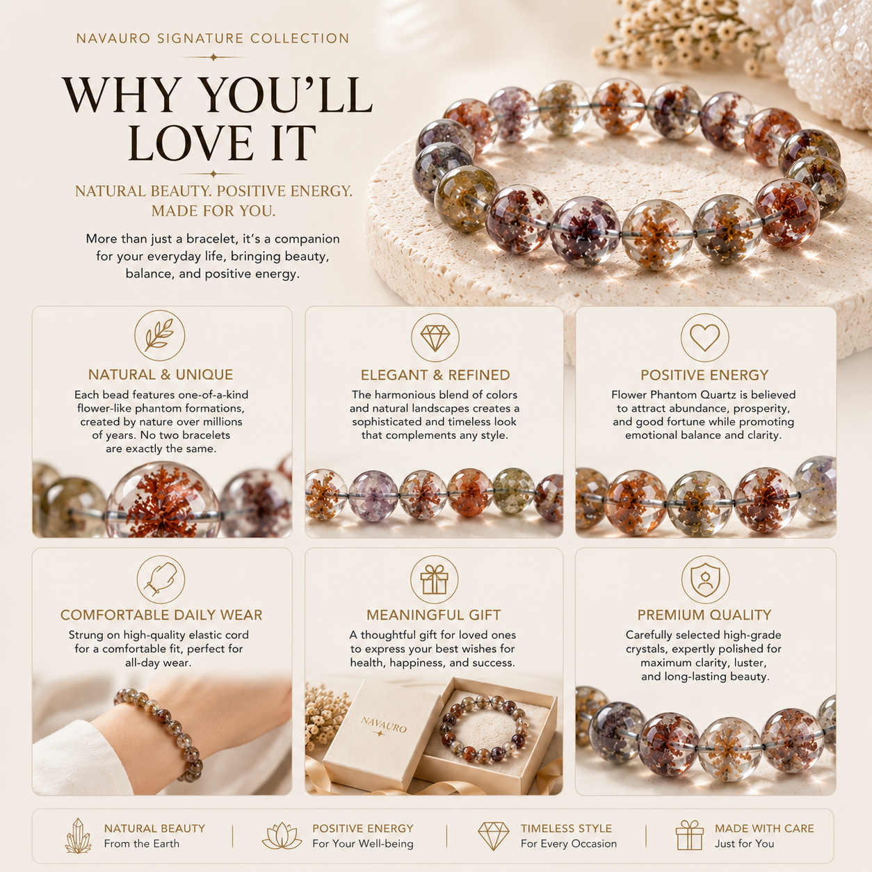 Flower Phantom Quartz Bracelet | 4A–7A Grade Natural Crystal | NAVAURO Signature Collection