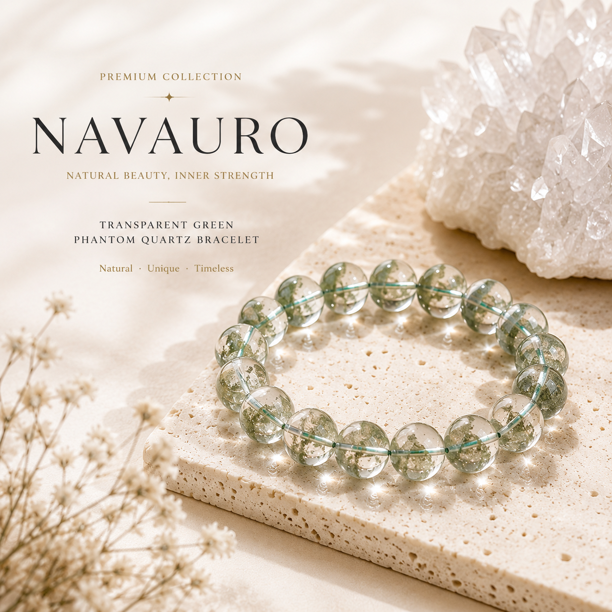 Transparent Green Phantom Quartz Bracelet | Premium Natural Crystal | NAVAURO
