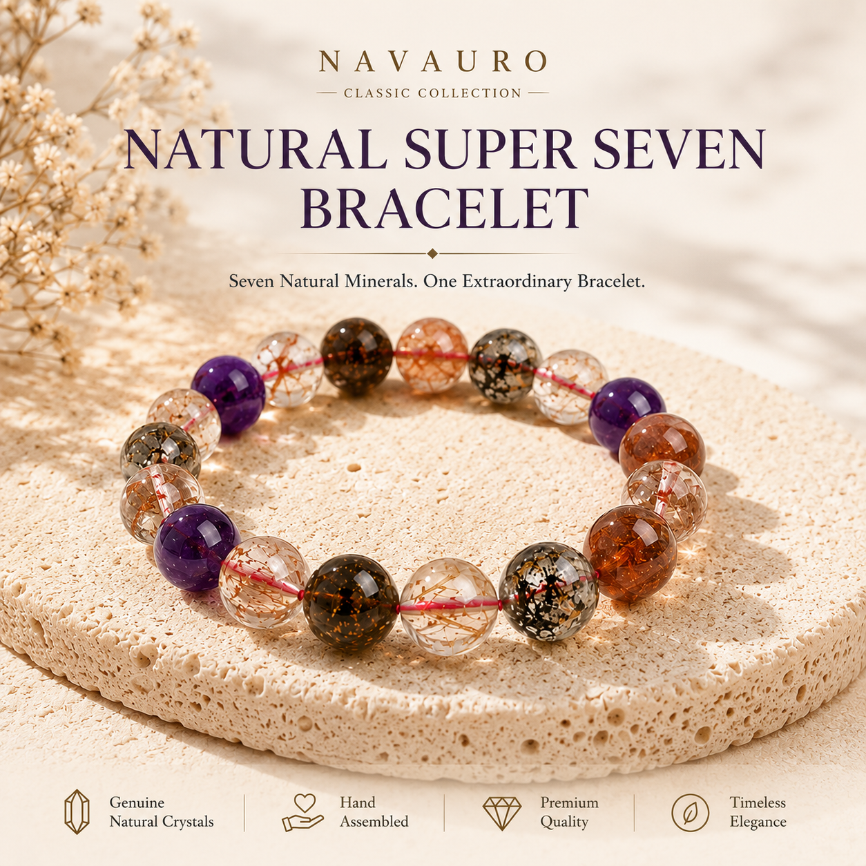 Natural Super Seven Crystal Bracelet with Certificate – 8–12 mm